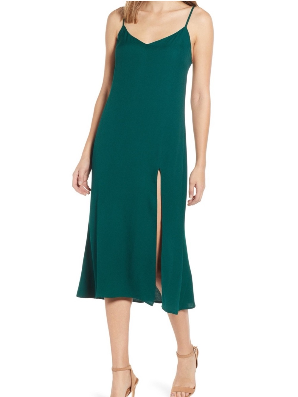 Reformation Ladies Emerald Green V-neck Midi Slip Dress. Size 6. Viscose/rayon.
